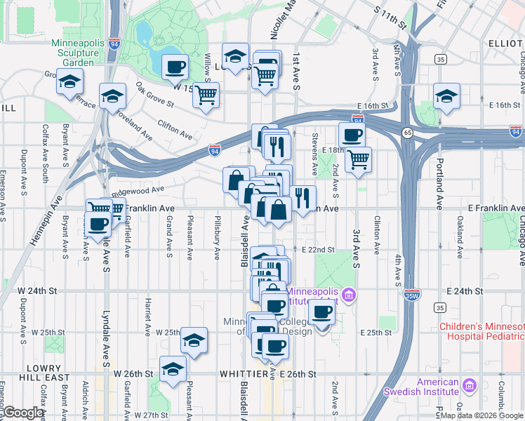 map of restaurants, bars, coffee shops, grocery stores, and more near 3 West Franklin Avenue in Minneapolis