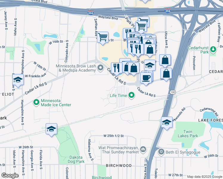 map of restaurants, bars, coffee shops, grocery stores, and more near 2350 Ridge Drive in St. Louis Park