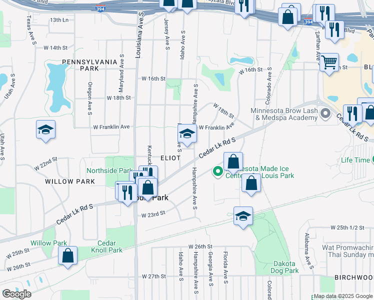 map of restaurants, bars, coffee shops, grocery stores, and more near 6720 Cedar Lake Road in St. Louis Park