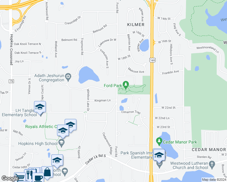 map of restaurants, bars, coffee shops, grocery stores, and more near 10101 Windsor Lake Lane in Minnetonka