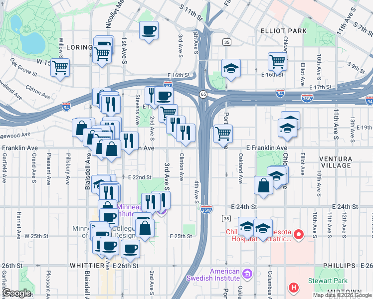 map of restaurants, bars, coffee shops, grocery stores, and more near 2198 Clinton Ave S in Minneapolis