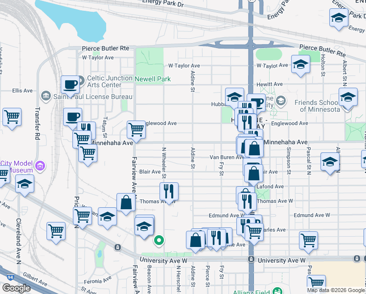 map of restaurants, bars, coffee shops, grocery stores, and more near 1706 West Minnehaha Avenue in Saint Paul