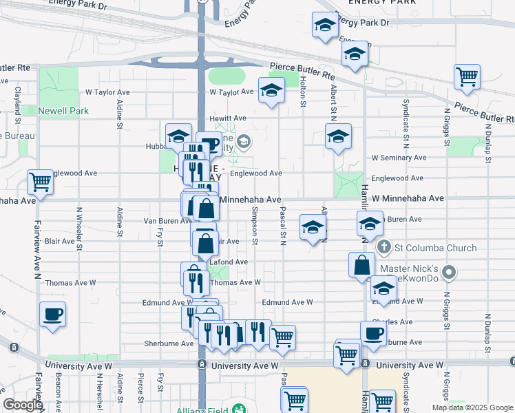 map of restaurants, bars, coffee shops, grocery stores, and more near 1488 West Minnehaha Avenue in Saint Paul