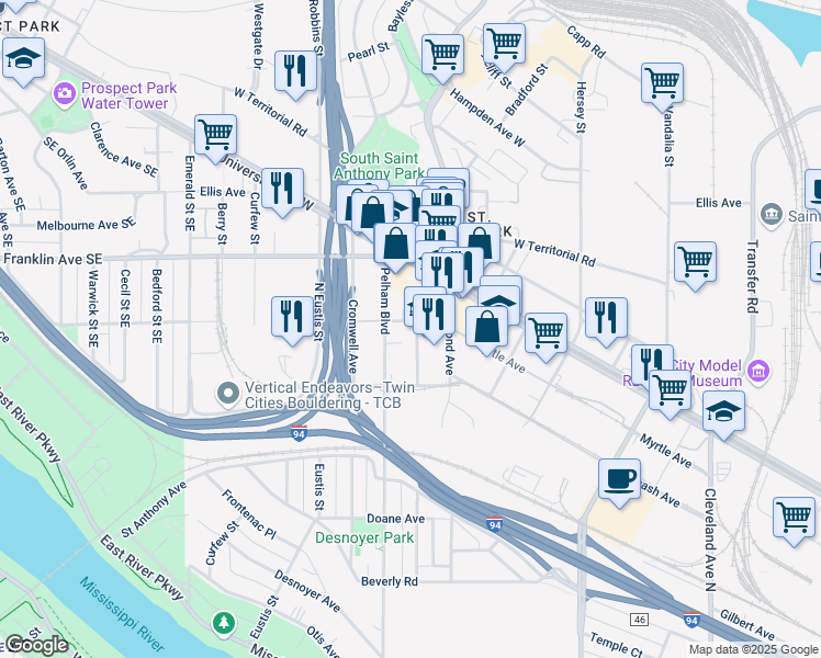 map of restaurants, bars, coffee shops, grocery stores, and more near 2394 Myrtle Avenue in Saint Paul