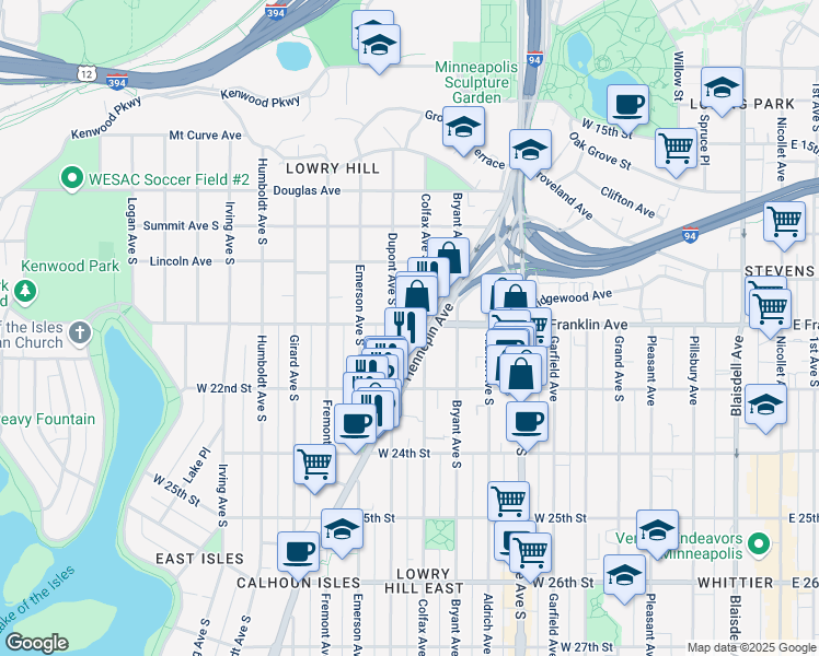 map of restaurants, bars, coffee shops, grocery stores, and more near 1009 W Franklin Ave in Minneapolis