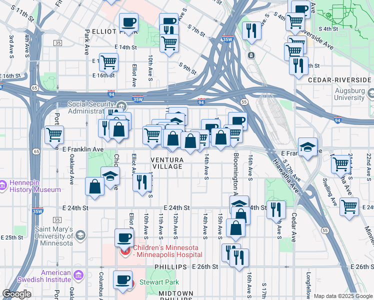 map of restaurants, bars, coffee shops, grocery stores, and more near 1219 East Franklin Avenue in Minneapolis
