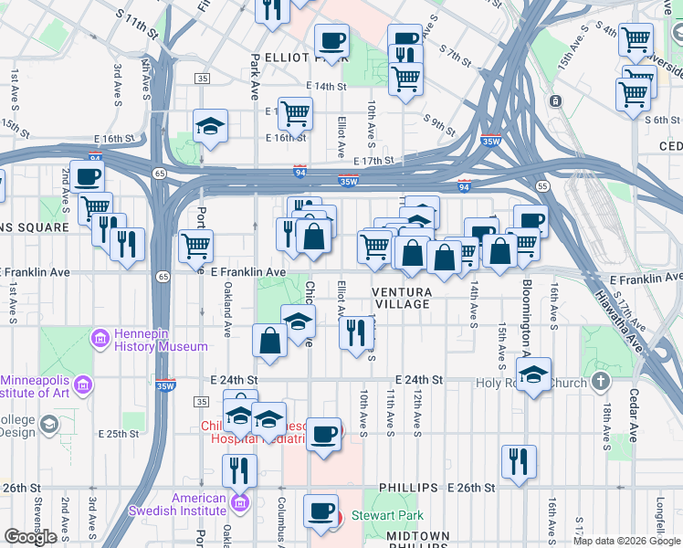 map of restaurants, bars, coffee shops, grocery stores, and more near Elliot Avenue South in Minneapolis
