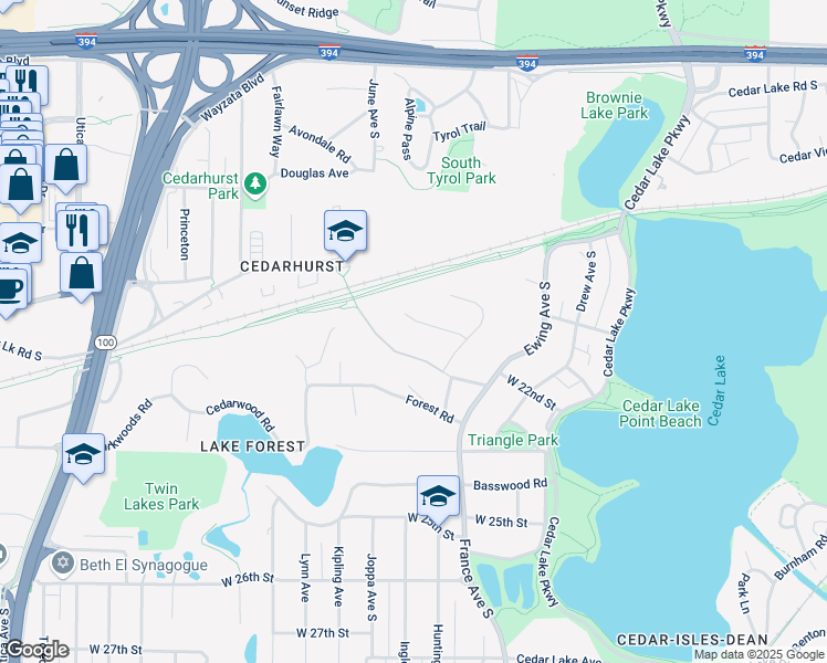 map of restaurants, bars, coffee shops, grocery stores, and more near 4200 Cedar Lake Road in Minneapolis