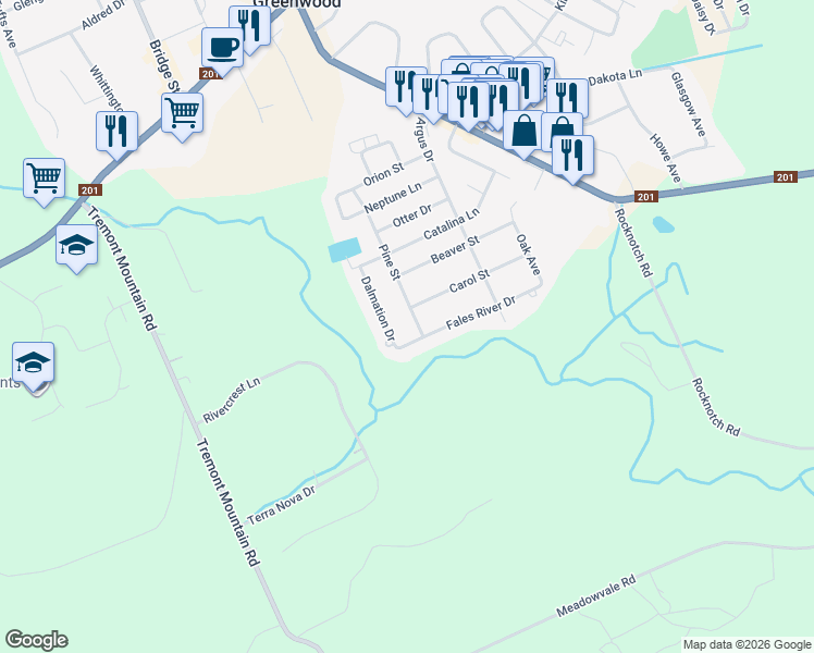 map of restaurants, bars, coffee shops, grocery stores, and more near 874 Dalmation Drive in Greenwood