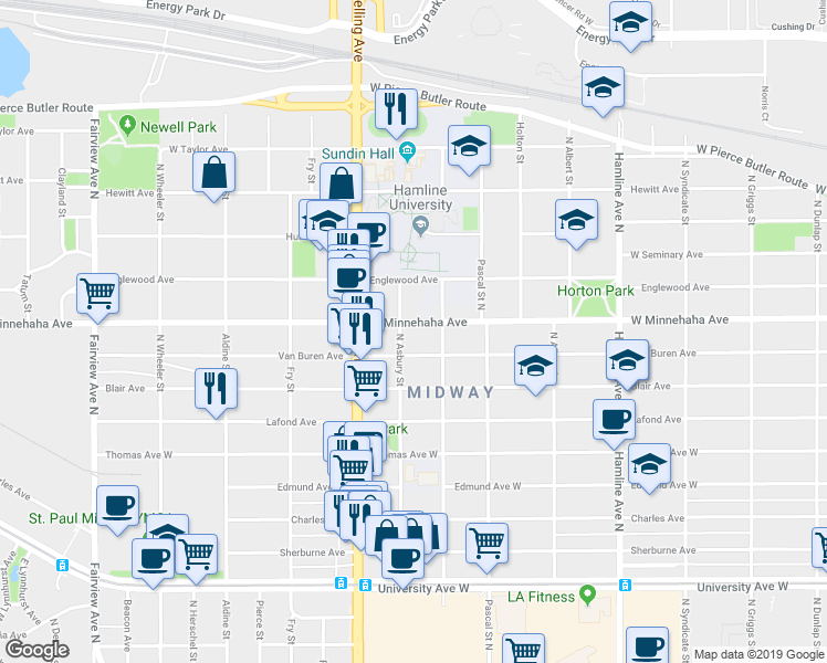 map of restaurants, bars, coffee shops, grocery stores, and more near 1522 West Minnehaha Avenue in Saint Paul