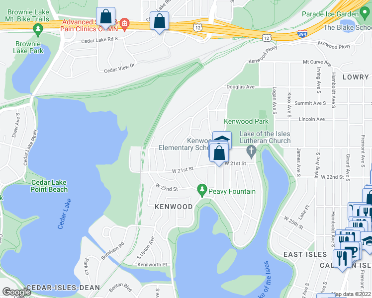map of restaurants, bars, coffee shops, grocery stores, and more near 2001 Kenwood Parkway in Minneapolis