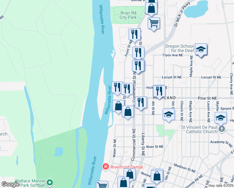 map of restaurants, bars, coffee shops, grocery stores, and more near 2305 Front Street Northeast in Salem