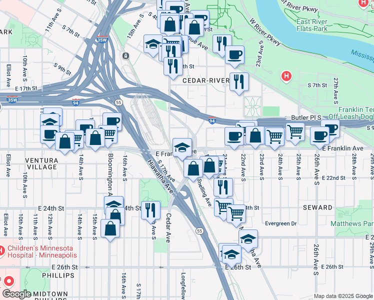 map of restaurants, bars, coffee shops, grocery stores, and more near 7010 Franklin Frontage Road in Minneapolis
