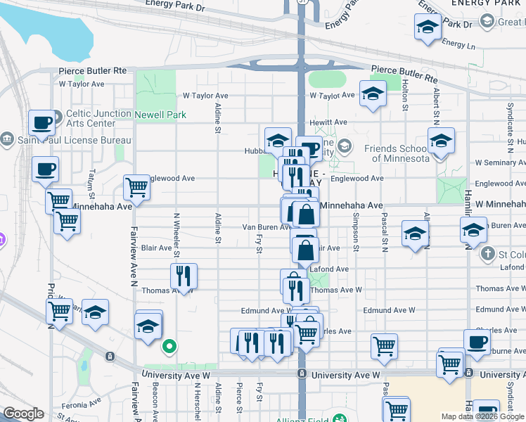 map of restaurants, bars, coffee shops, grocery stores, and more near 1636 West Minnehaha Avenue in Saint Paul