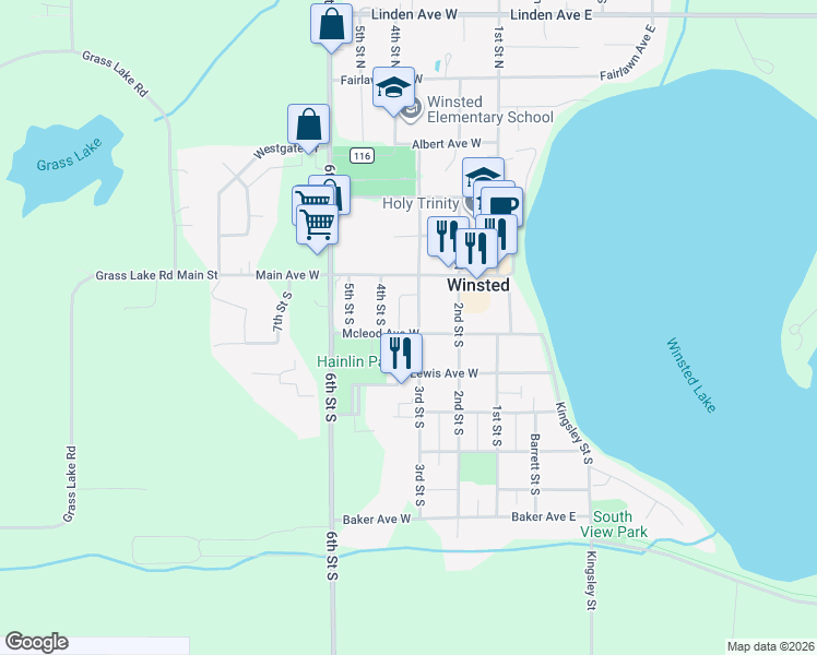 map of restaurants, bars, coffee shops, grocery stores, and more near 311 Mcleod Avenue West in Winsted