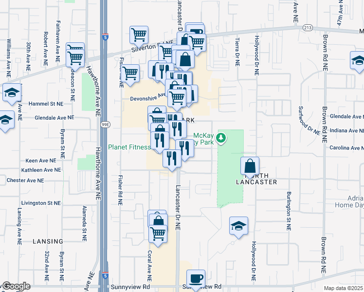 map of restaurants, bars, coffee shops, grocery stores, and more near 2810 Oregon 213 in Salem
