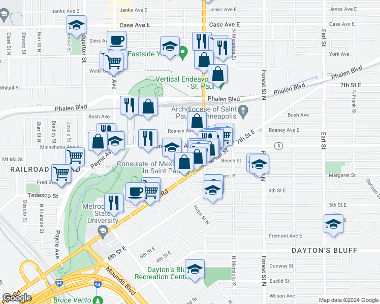 map of restaurants, bars, coffee shops, grocery stores, and more near 800 Minnehaha Avenue East in Saint Paul