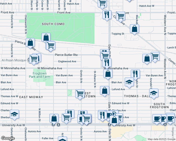 map of restaurants, bars, coffee shops, grocery stores, and more near 719 Van Buren Avenue in Saint Paul
