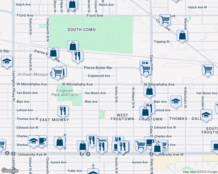 map of restaurants, bars, coffee shops, grocery stores, and more near 707 Grotto Street North in Saint Paul