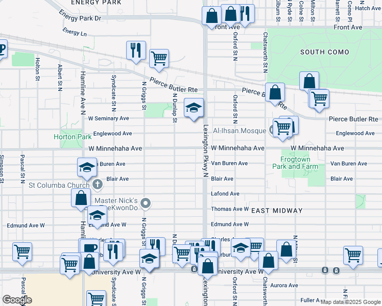map of restaurants, bars, coffee shops, grocery stores, and more near 1143 Van Buren Avenue in Saint Paul