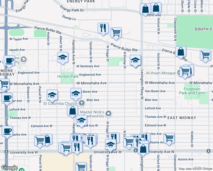 map of restaurants, bars, coffee shops, grocery stores, and more near 1217 Van Buren Avenue in Saint Paul