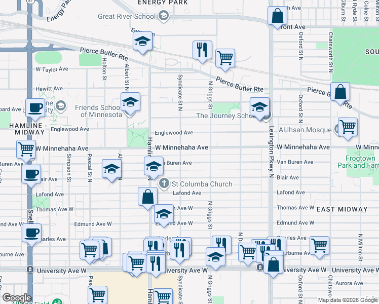 map of restaurants, bars, coffee shops, grocery stores, and more near 1255 Van Buren Avenue in Saint Paul