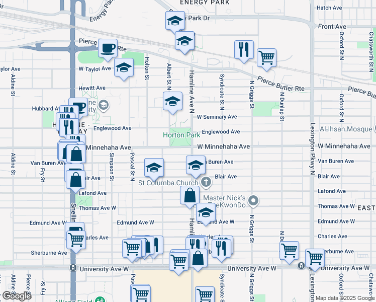 map of restaurants, bars, coffee shops, grocery stores, and more near 1356 West Minnehaha Avenue in Saint Paul