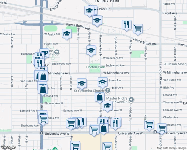 map of restaurants, bars, coffee shops, grocery stores, and more near 1356 West Minnehaha Avenue in Saint Paul