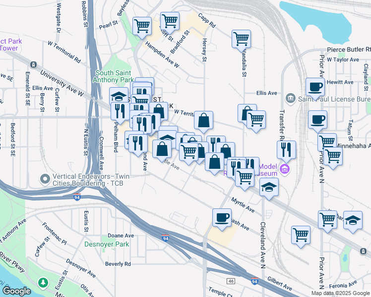 map of restaurants, bars, coffee shops, grocery stores, and more near 765 North Hampden Avenue in Saint Paul