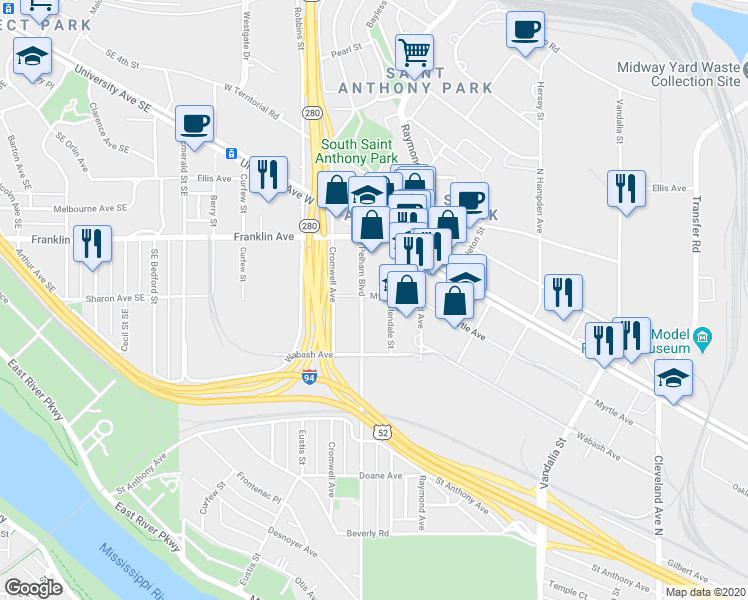 map of restaurants, bars, coffee shops, grocery stores, and more near 2394 Myrtle Avenue in Saint Paul