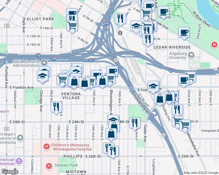 map of restaurants, bars, coffee shops, grocery stores, and more near 1525 East Franklin Avenue in Minneapolis