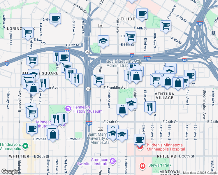 map of restaurants, bars, coffee shops, grocery stores, and more near in Minneapolis