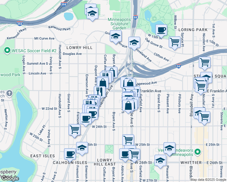 map of restaurants, bars, coffee shops, grocery stores, and more near 909 West Franklin Avenue in Minneapolis