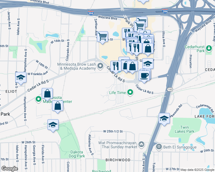 map of restaurants, bars, coffee shops, grocery stores, and more near 2100 Ridge Drive in Minneapolis