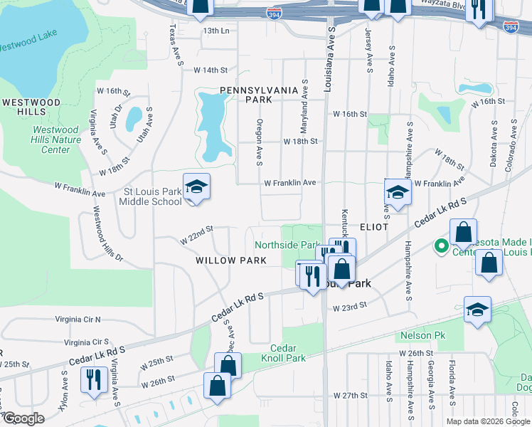 map of restaurants, bars, coffee shops, grocery stores, and more near 7500 West 22nd Street in St. Louis Park