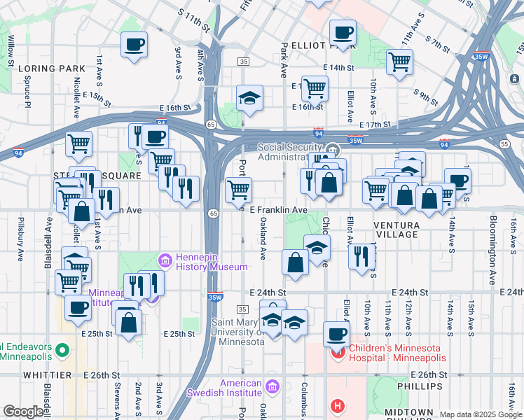 map of restaurants, bars, coffee shops, grocery stores, and more near 624 East Franklin Avenue in Minneapolis