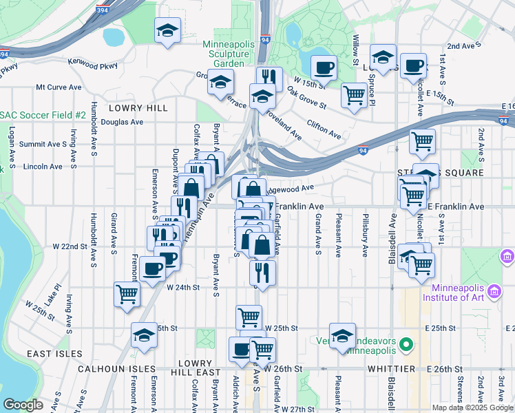 map of restaurants, bars, coffee shops, grocery stores, and more near in Minneapolis