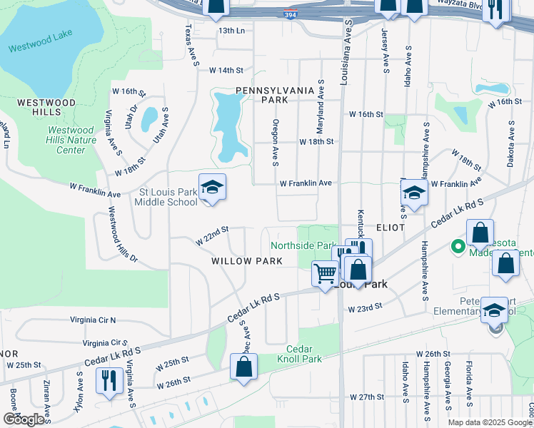 map of restaurants, bars, coffee shops, grocery stores, and more near 7500 West 22nd Street in St. Louis Park