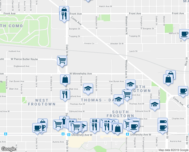map of restaurants, bars, coffee shops, grocery stores, and more near 713 North Mackubin Street in Saint Paul