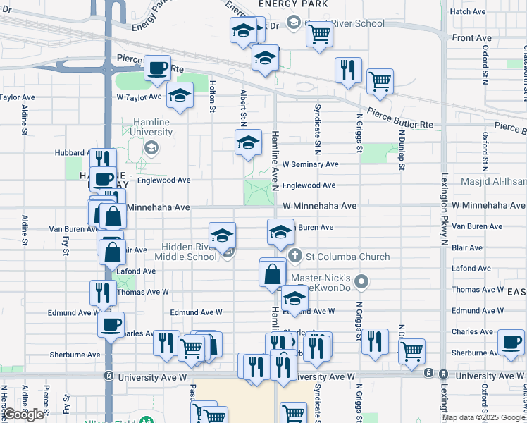 map of restaurants, bars, coffee shops, grocery stores, and more near 1356 West Minnehaha Avenue in Saint Paul