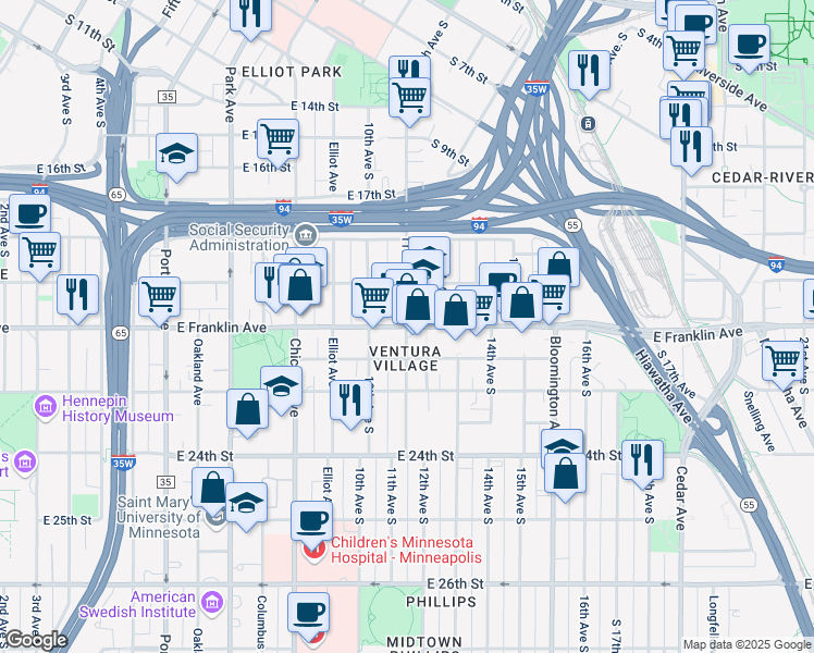 map of restaurants, bars, coffee shops, grocery stores, and more near East Franklin Avenue & 11th Avenue South in Minneapolis