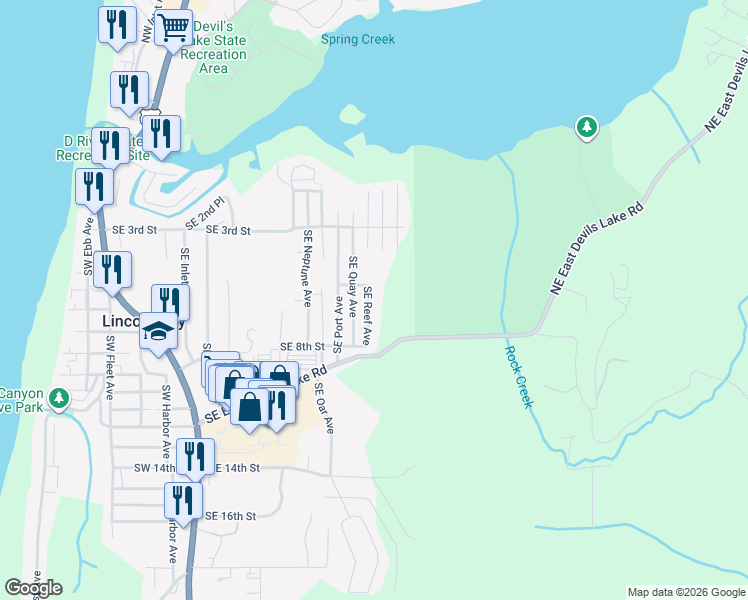 map of restaurants, bars, coffee shops, grocery stores, and more near 549 Southeast Reef Avenue in Lincoln City