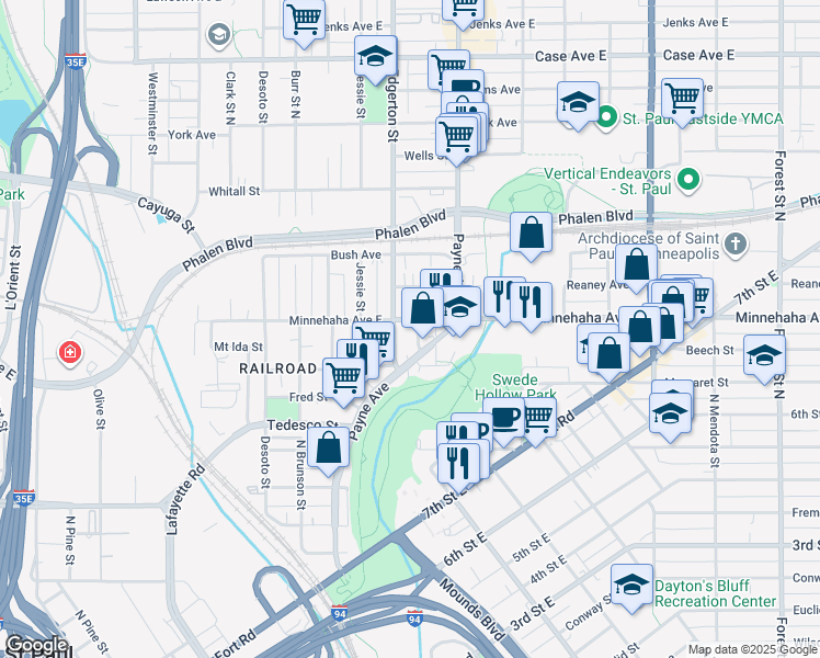 map of restaurants, bars, coffee shops, grocery stores, and more near 708 Preble Street in Saint Paul