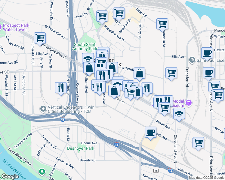 map of restaurants, bars, coffee shops, grocery stores, and more near 2334 Myrtle Avenue in Saint Paul