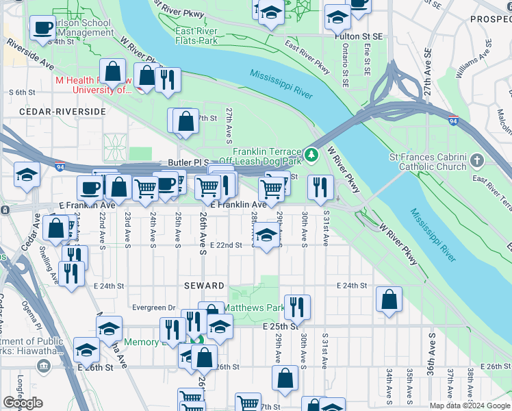 map of restaurants, bars, coffee shops, grocery stores, and more near 2801 East Franklin Avenue in Minneapolis