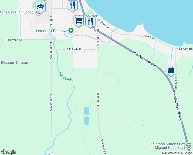 map of restaurants, bars, coffee shops, grocery stores, and more near 1252-1498 South Richter Road in Suttons Bay