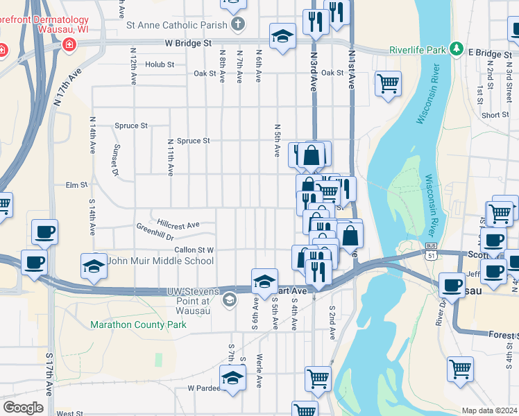 map of restaurants, bars, coffee shops, grocery stores, and more near 2 North 6th Avenue in Wausau