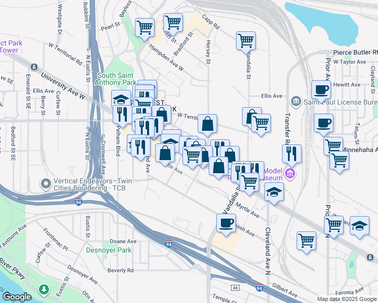map of restaurants, bars, coffee shops, grocery stores, and more near 2285 University Avenue West in Saint Paul