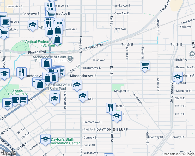 map of restaurants, bars, coffee shops, grocery stores, and more near 1002 Minnehaha Avenue East in Saint Paul