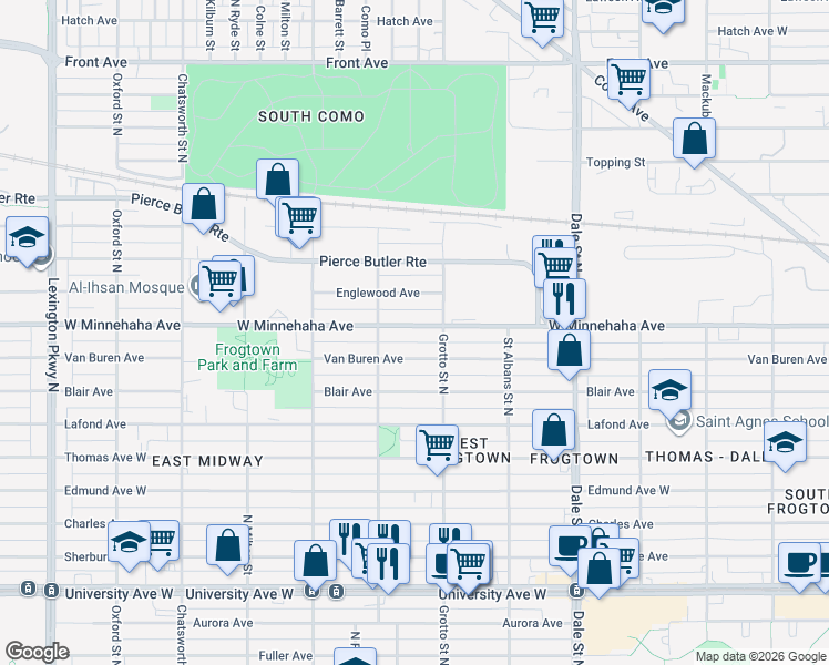 map of restaurants, bars, coffee shops, grocery stores, and more near 707 Grotto Street North in Saint Paul